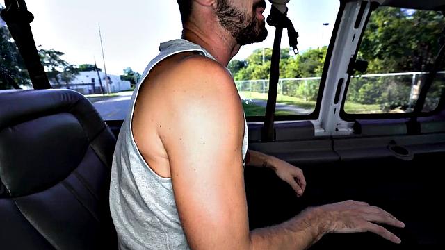 College guy in uniform goes gay in van with jock for money