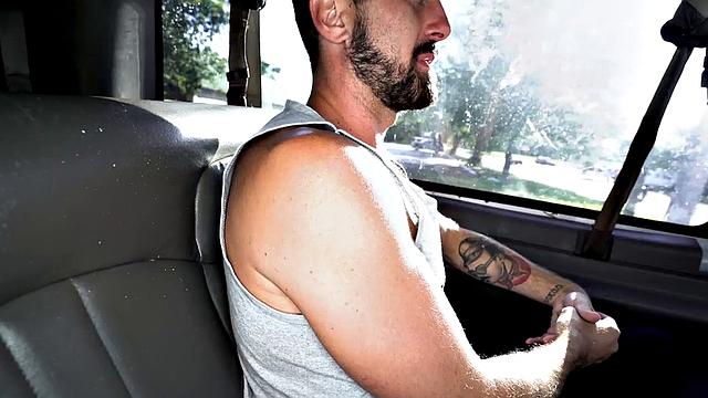 College guy in uniform goes gay in van with jock for money