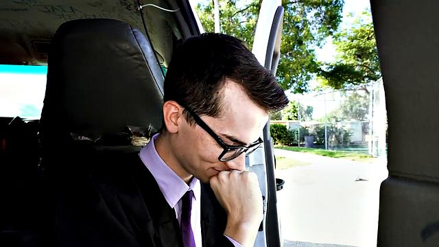 College guy in uniform goes gay in van with jock for money