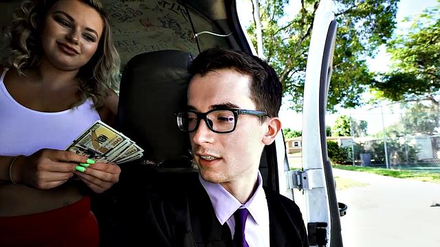 College guy in uniform goes gay in van with jock for money