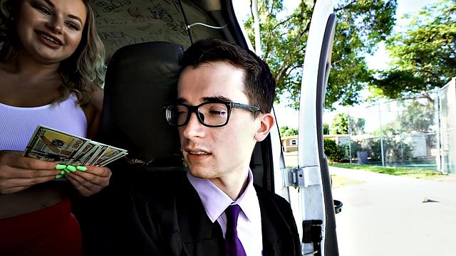 College guy in uniform goes gay in van with jock for money