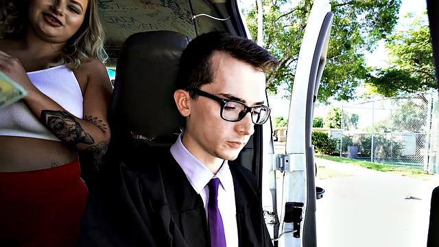 College guy in uniform goes gay in van with jock for money