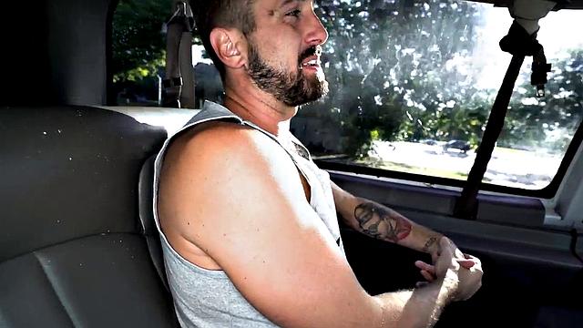 College guy in uniform goes gay in van with jock for money