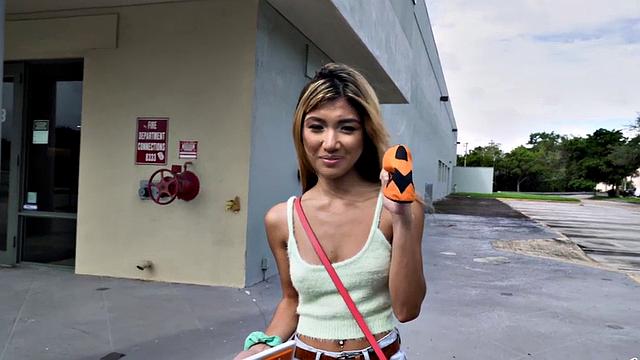 Kinky Asian chick with a tattooed body picked up and slammed in the car