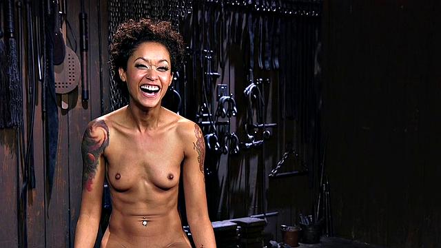 BDSM feet whipped Ebony sub toyed with Hitachi