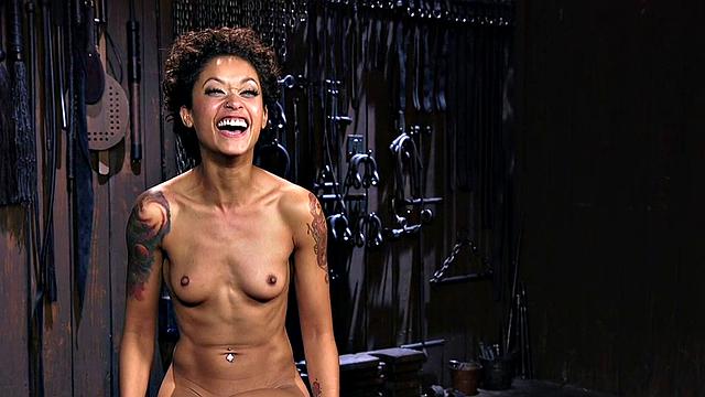 BDSM feet whipped Ebony sub toyed with Hitachi