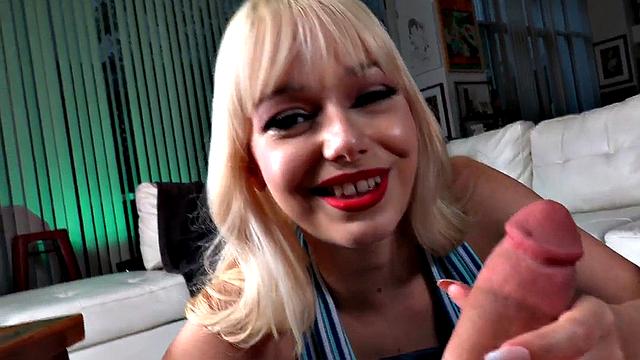 POV busty babe deepthroats cock before fucked in shaved twat