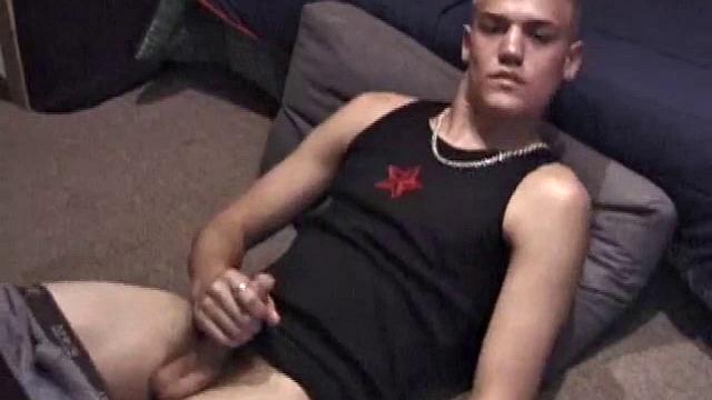 Lance is kicked back, while watching a porn video, as he works up a stiff one. Some determined cock stroking causes a cum explosion onto Lance's shirt, which he quickly licks up.