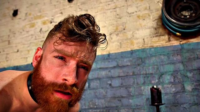 Busty mistress seducing sub with feet while jerking him