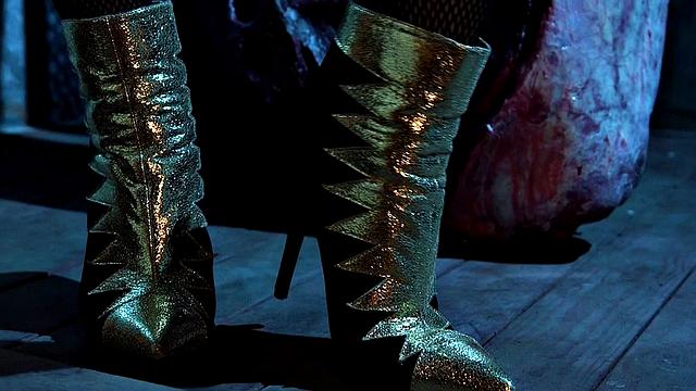 Busty mistress seducing sub with feet while jerking him