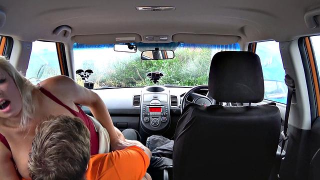 Hot blonde MILF creampied in car by a curvy babe with tattoos & backseat fun