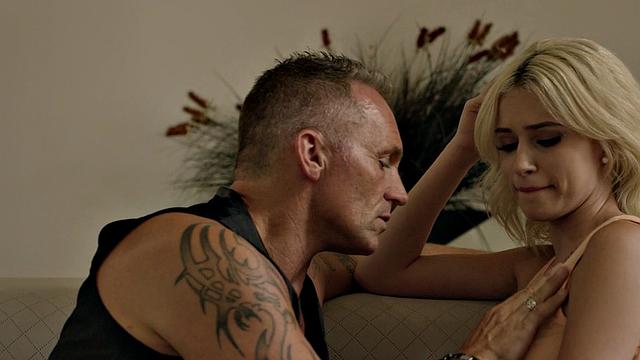 Petite inked stepdaughter in lingerie sucks her stepdad