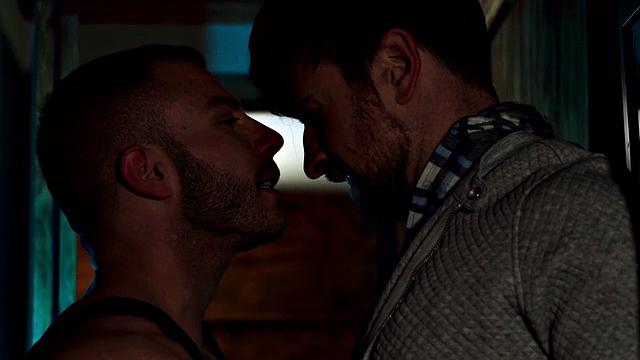 Muscular hunk with hairy tattoo bangs his trimmed body BF in leather