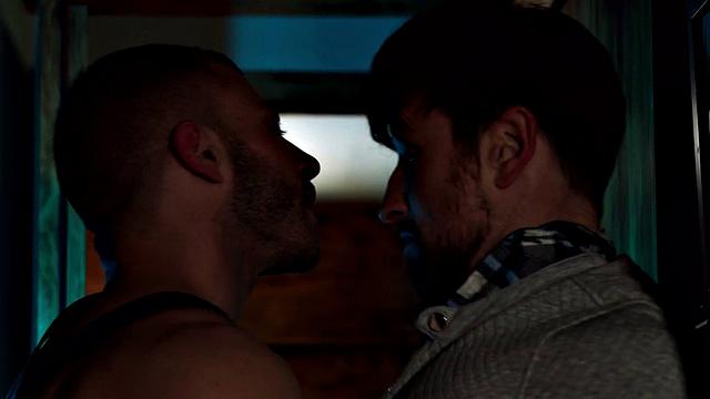 Muscular hunk with hairy tattoo bangs his trimmed body BF in leather