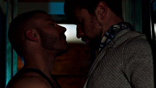 Muscular hunk with hairy tattoo bangs his trimmed body BF in leather