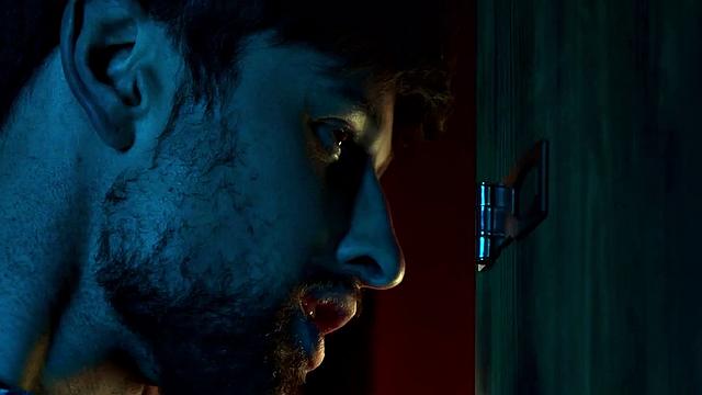 Muscular hunk with hairy tattoo bangs his trimmed body BF in leather