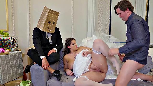 VIP4K. Bride spreads her legs in front of the wedding planner