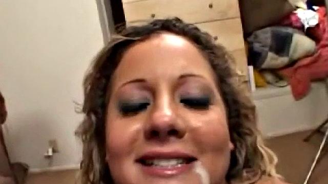 Sophia licks cum off her face