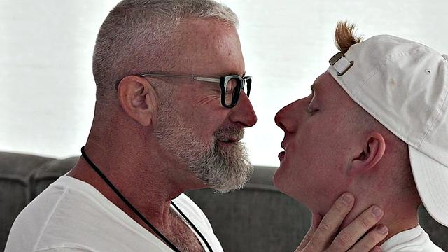 Hairy tattooed and muscled DILF bottom barebacked by a twink