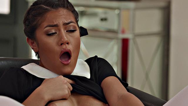 Blonde maid with big tits and high heels enjoys pussy licking, face sitting, and cowgirl ride in the indoors