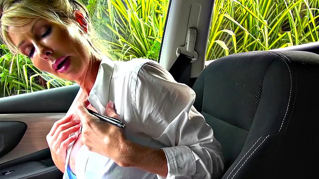 Blonde hottie in skirt gives footjob & fucks outdoors like a pro