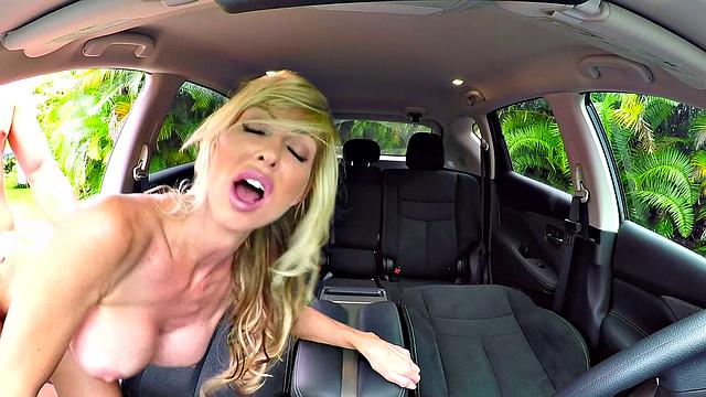 Blonde hottie in skirt gives footjob & fucks outdoors like a pro