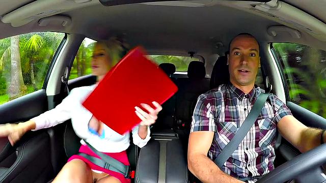 Blonde hottie in skirt gives footjob & fucks outdoors like a pro