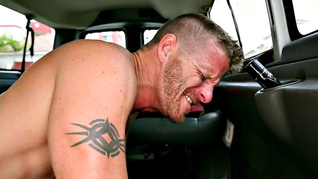 Str8 blindfold stud fucks ass in van after blowjob