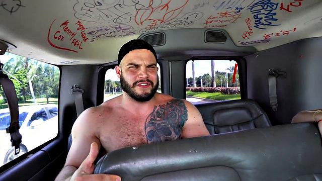 Massive str8 fucks stud in pickup bus till cumshot