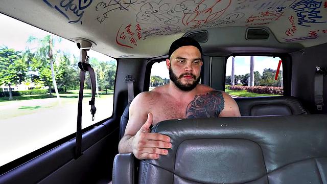 Massive str8 fucks stud in pickup bus till cumshot