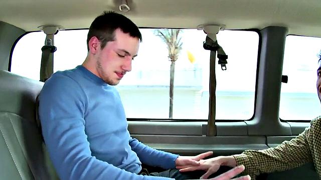 Tricked tattooed stud cums on gay chests in bus