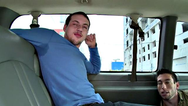 Tricked tattooed stud cums on gay chests in bus