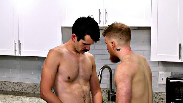 FTM amateur kitchen stud fucked by top with moustache