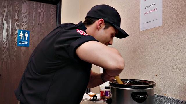 Muscular coworkers bareback after blowjob