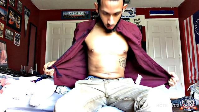 Handsome young Brian is in his bedroom watching porn on the bed, as he begins to work himself stiff. Suddenly, a big cock pops out the fly of his boxers, and he starts stroking, while occasionally glancing at the porn playing on his laptop.