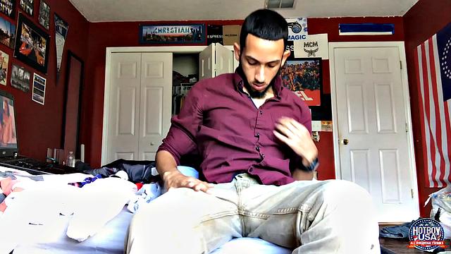 Handsome young Brian is in his bedroom watching porn on the bed, as he begins to work himself stiff. Suddenly, a big cock pops out the fly of his boxers, and he starts stroking, while occasionally glancing at the porn playing on his laptop.