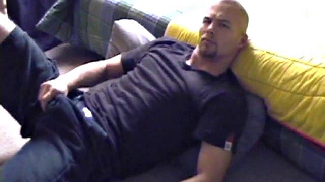 Stephen starts by unzipping and pulling out his cock to get hard. Stripped naked, he lays on his back, lubes up, and gets down to some serious stroking. Switching hands, he tightens his grip and cums like a sprinkler all over his chest.