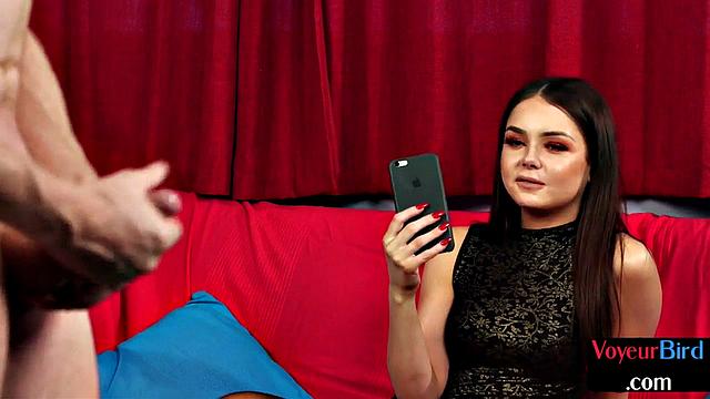 Stockings cute watcher enjoys show