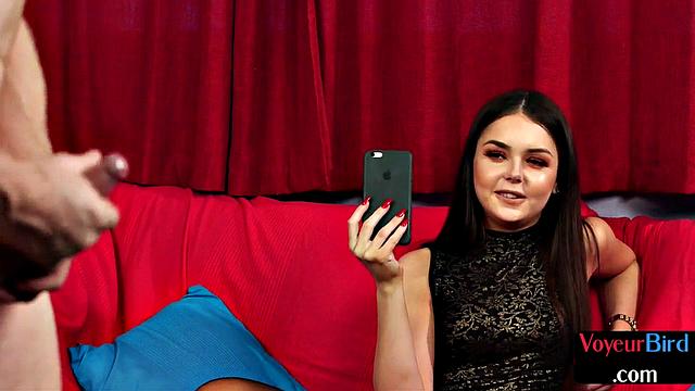 Stockings cute watcher enjoys show