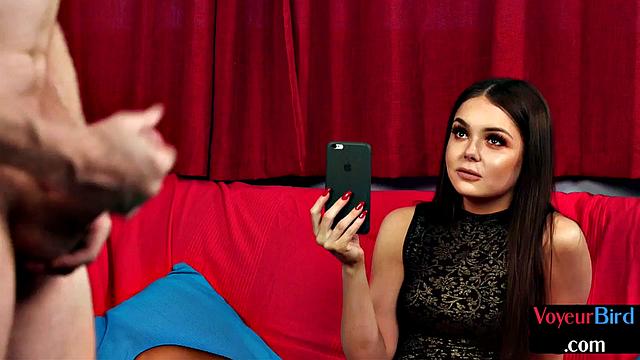 Stockings cute watcher enjoys show