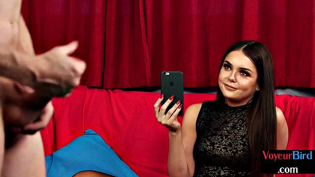 Stockings cute watcher enjoys show