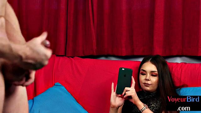 Stockings cute watcher enjoys show