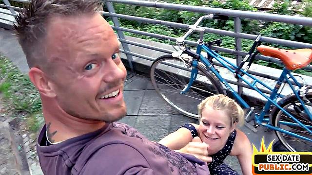 Pierced blonde cockriding in public