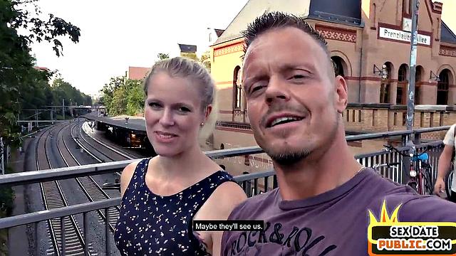 Pierced blonde cockriding in public