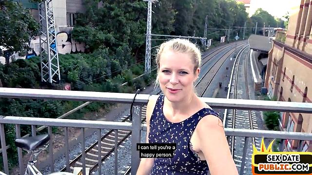 Pierced blonde cockriding in public