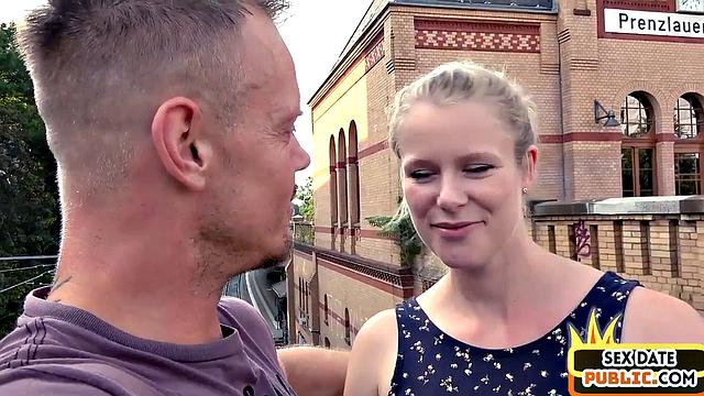 Pierced blonde cockriding in public