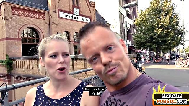 Pierced blonde cockriding in public