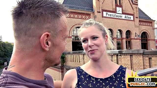 Pierced blonde cockriding in public