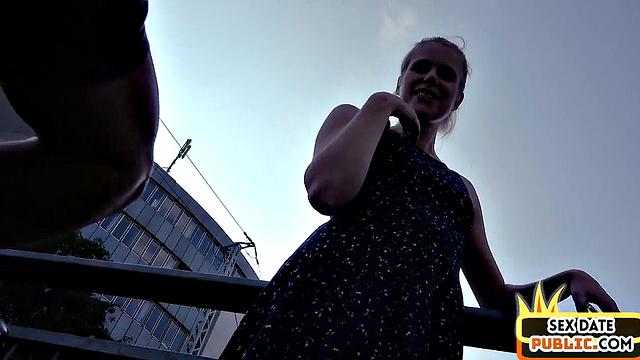 Pierced blonde cockriding in public