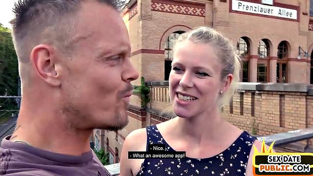 Pierced blonde cockriding in public